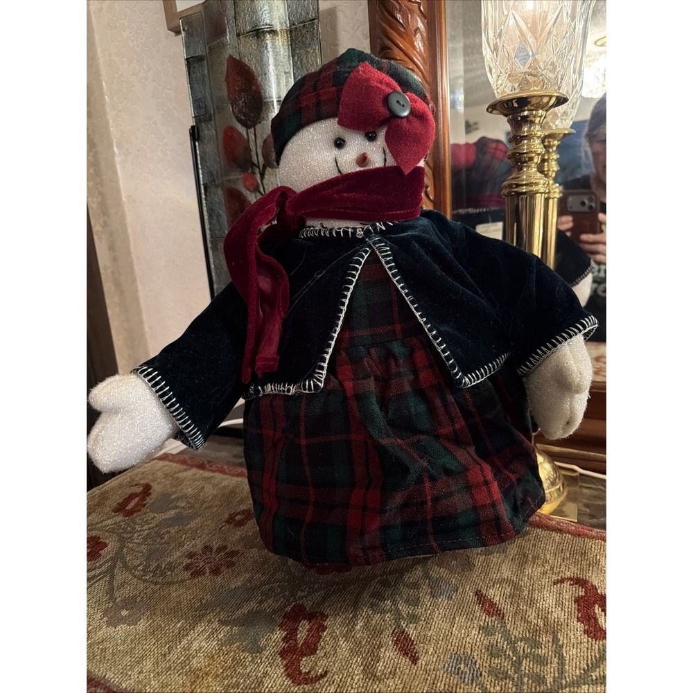 Christmas Snow Woman Plush Doll 18" Plaid Dress Velvet Cape Hat Shelf Sitter Vtg - Picture 2 of 16